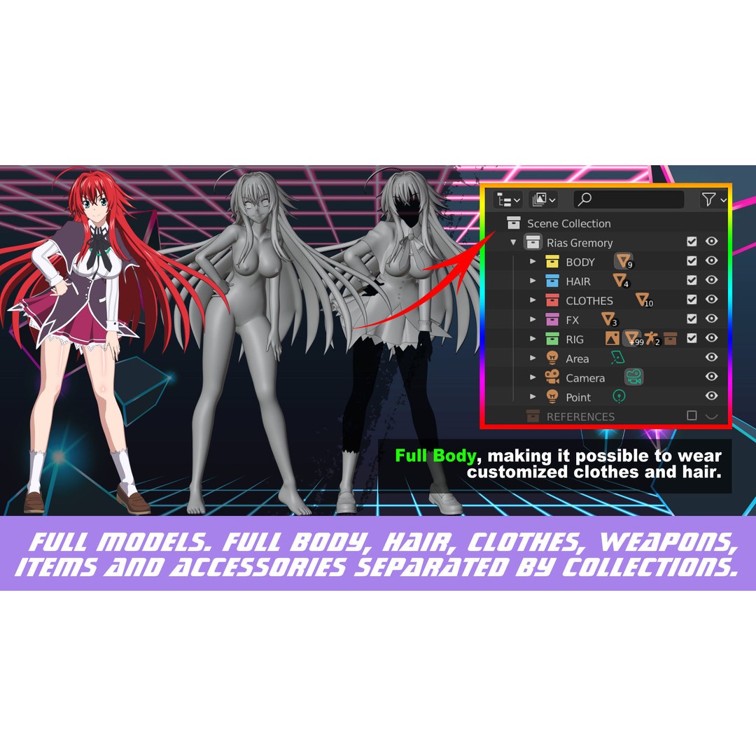 Rias Gremory 3D Model – Rigged Anime Character for Blender - View 3