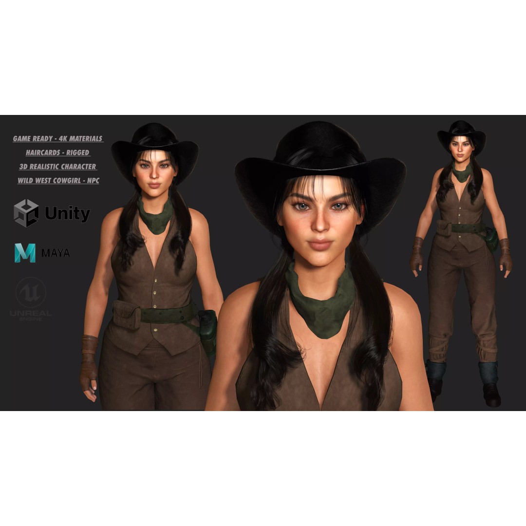 Realistic Female Character 3D Model – Wild West Cowgirl, Game Ready, FBX - View 2