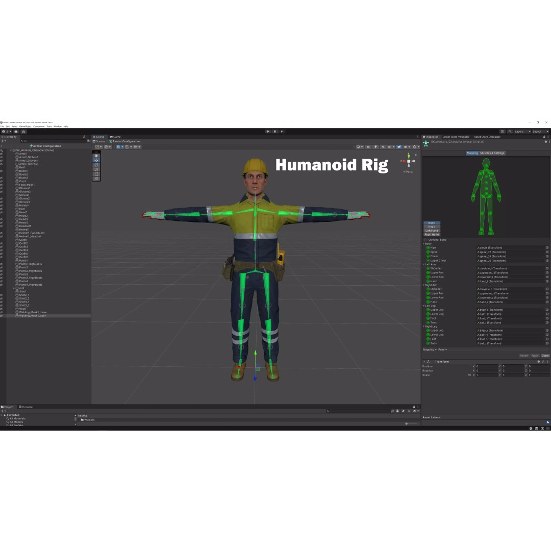 Modular Worker Character 3D Model – Low Poly Game Asset, Rigged, PBR - View 14