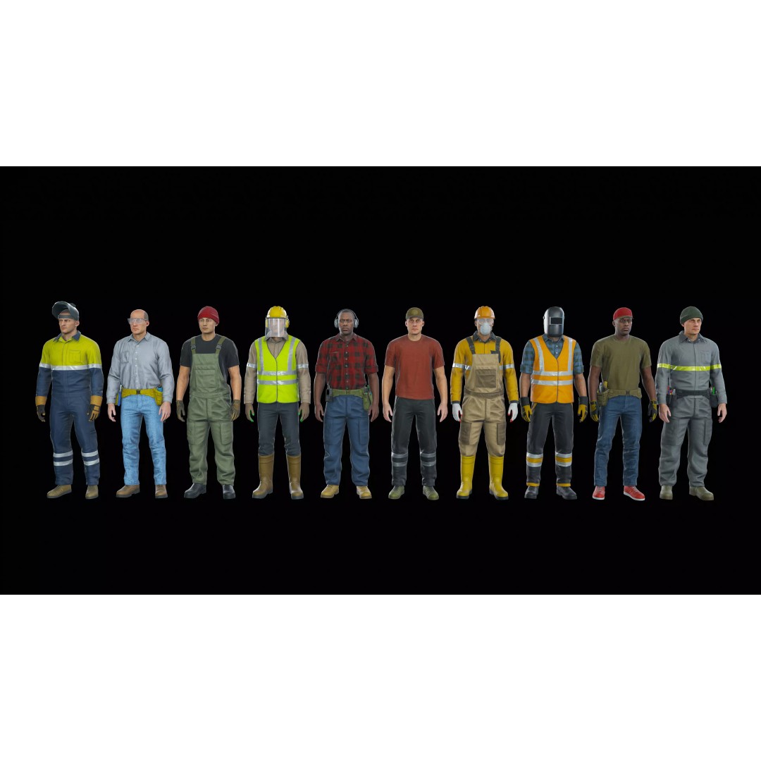 Modular Worker Character 3D Model – Low Poly Game Asset, Rigged, PBR - View 3