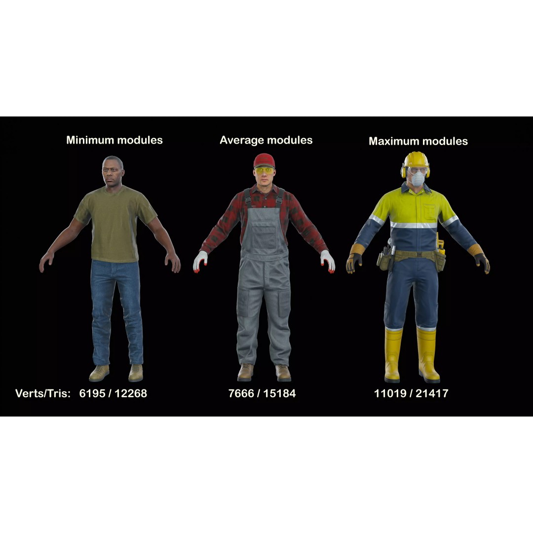 Modular Worker Character 3D Model – Low Poly Game Asset, Rigged, PBR - View 5