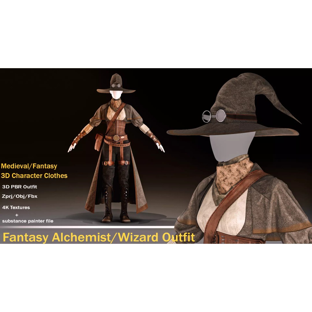 Fantasy Alchemist Wizard Outfit 3D Model – High Poly PBR Game Asset - View 2