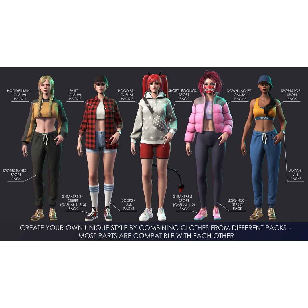 Streetwear Girl 3D Model – Casual Wear Female Character, Game-Ready - View 9