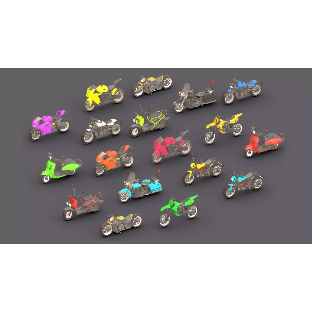 Motorbikes 3D Model – Low Poly Motorcycle Pack, FBX & OBJ Formats - View 2