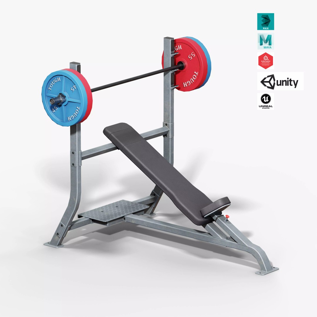 Incline Bench 3D Model – Low Poly Game Asset, FBX & OBJ Formats - View 2