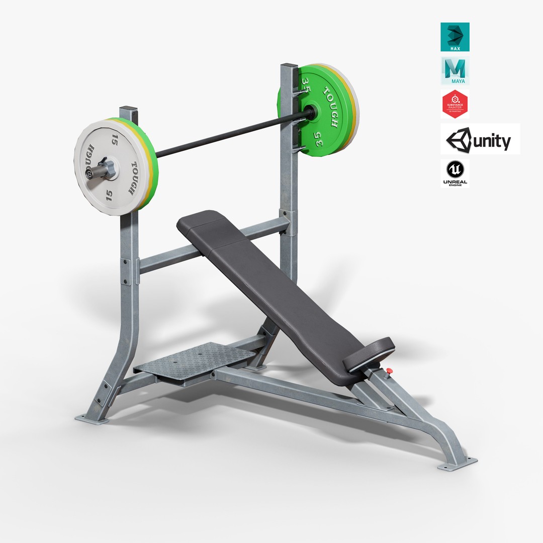 Incline Bench 3D Model – Low Poly Game Asset, FBX & OBJ Formats - View 3