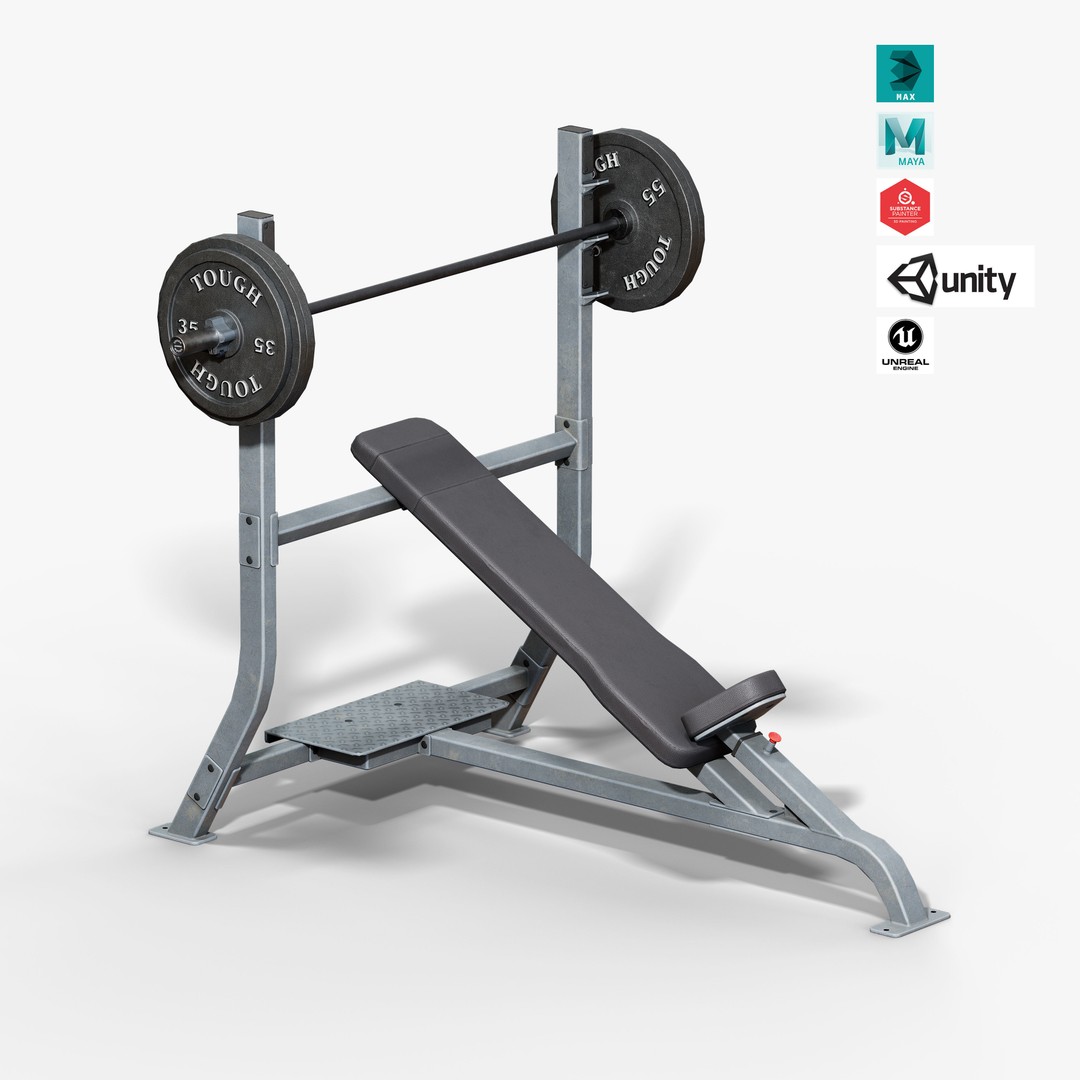 Incline Bench 3D Model – Low Poly Game Asset, FBX & OBJ Formats - View 4