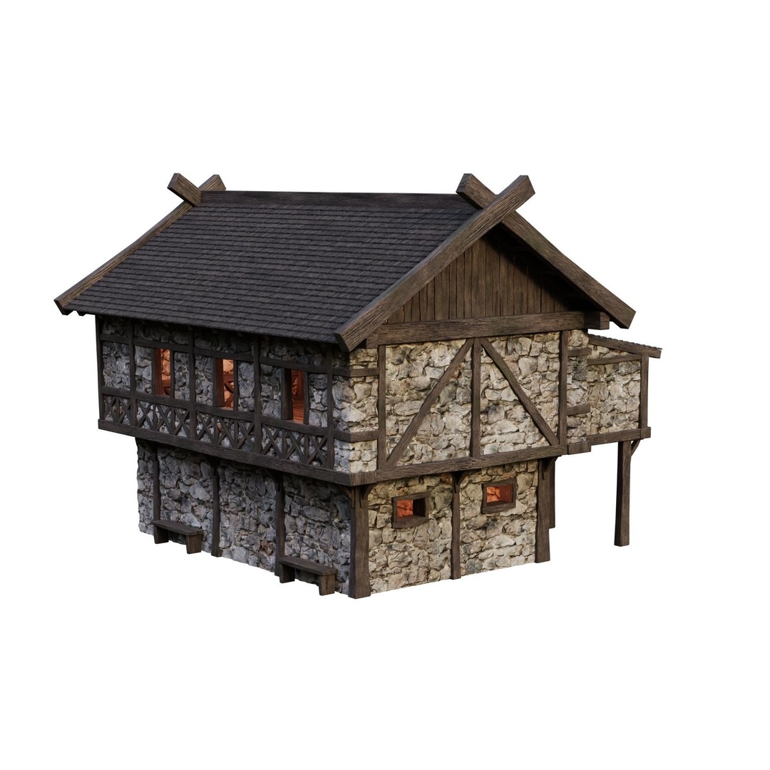 Old Medieval Building House 3D Model – Low Poly Game Ready, FBX/OBJ/Blender
