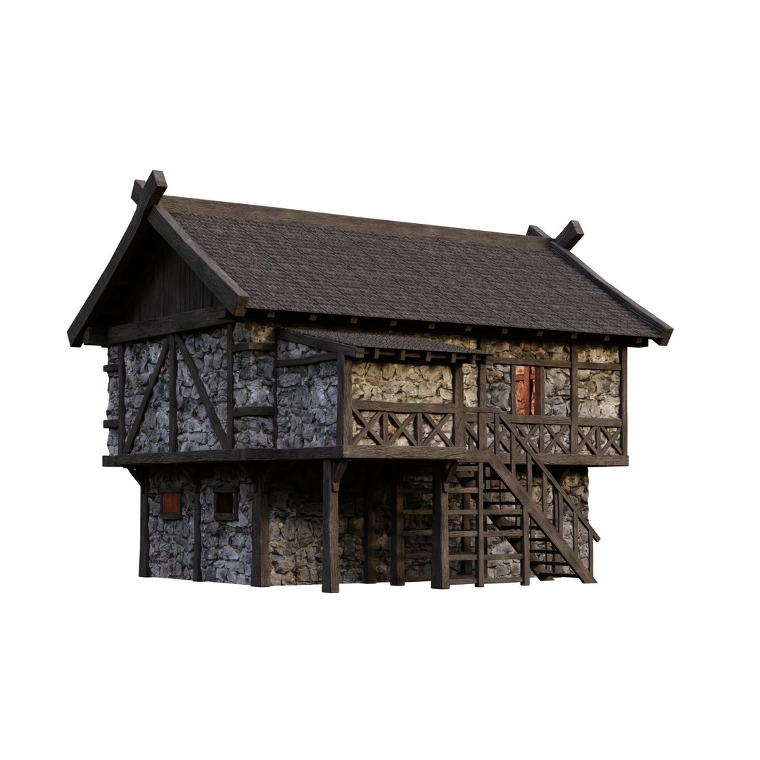 Old Medieval Building House 3D Model – Low Poly Game Ready, FBX/OBJ/Blender - View 11