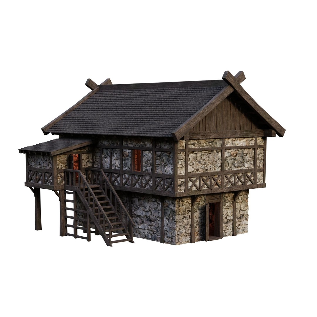 Old Medieval Building House 3D Model – Low Poly Game Ready, FBX/OBJ/Blender - View 12
