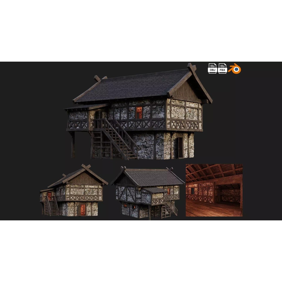 Old Medieval Building House 3D Model – Low Poly Game Ready, FBX/OBJ/Blender - View 2
