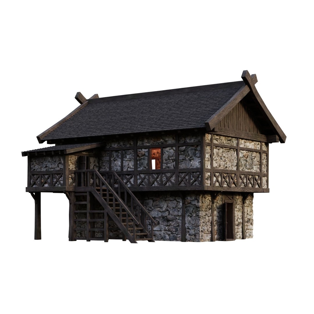 Old Medieval Building House 3D Model – Low Poly Game Ready, FBX/OBJ/Blender - View 3