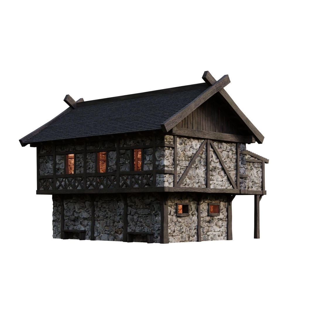 Old Medieval Building House 3D Model – Low Poly Game Ready, FBX/OBJ/Blender - View 4