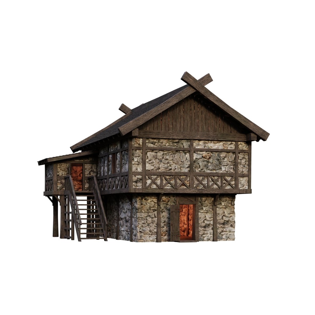 Old Medieval Building House 3D Model – Low Poly Game Ready, FBX/OBJ/Blender - View 5