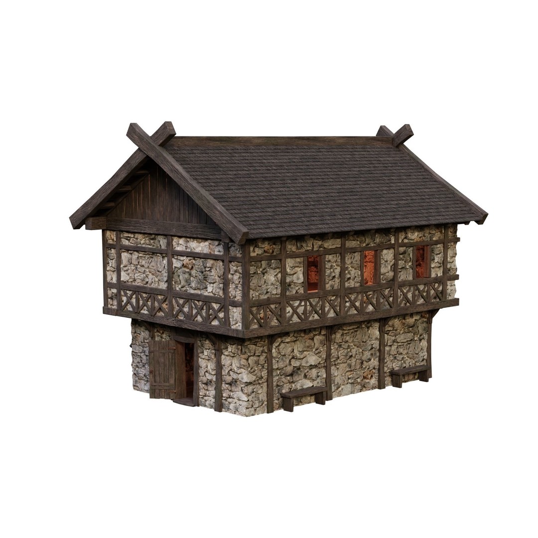 Old Medieval Building House 3D Model – Low Poly Game Ready, FBX/OBJ/Blender - View 8