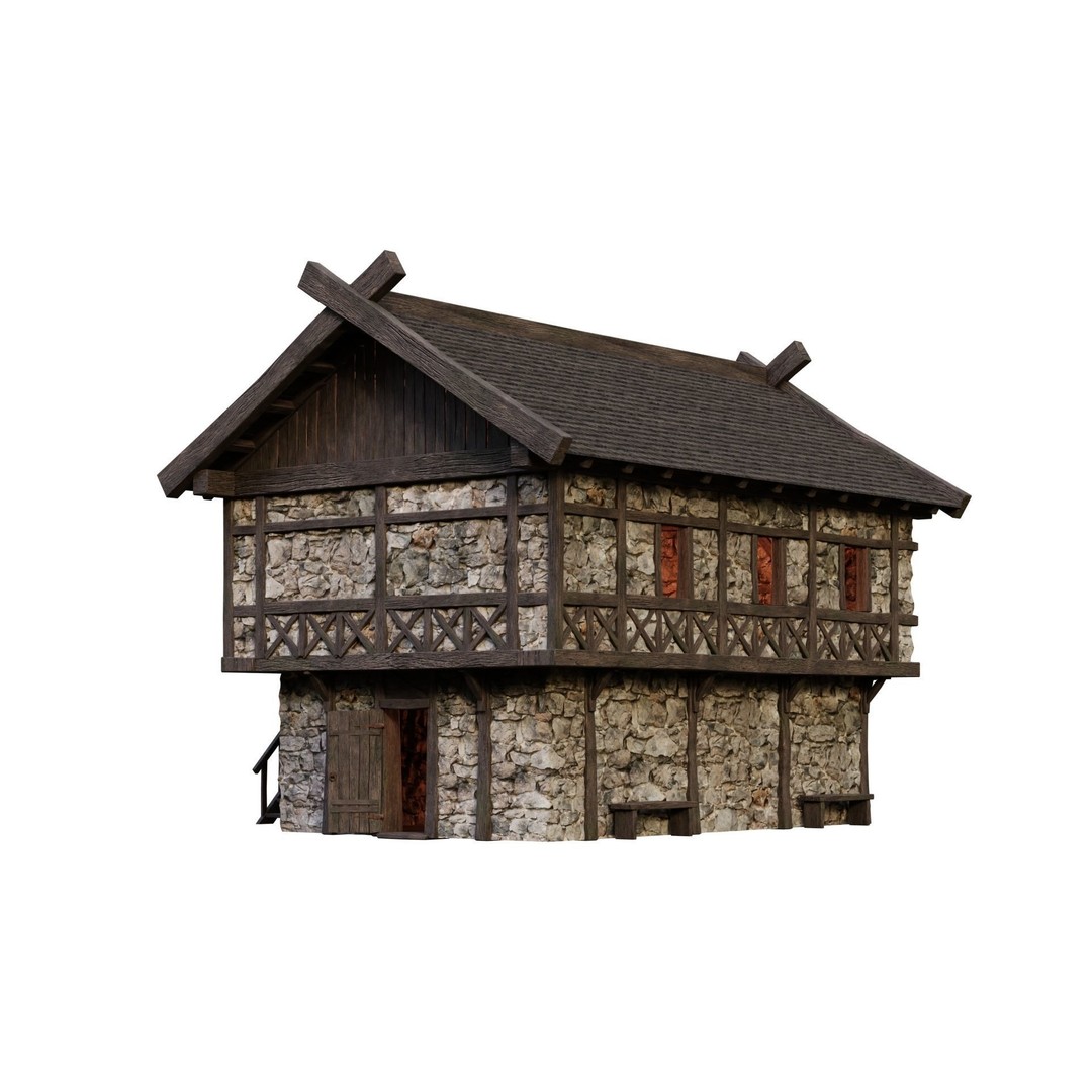 Old Medieval Building House 3D Model – Low Poly Game Ready, FBX/OBJ/Blender - View 9