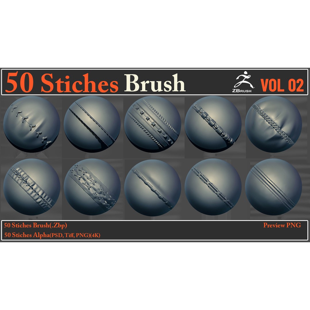 50 Stitches Brush-Alpha VOL02 3D Model – Seamless Textures for ZBrush & More