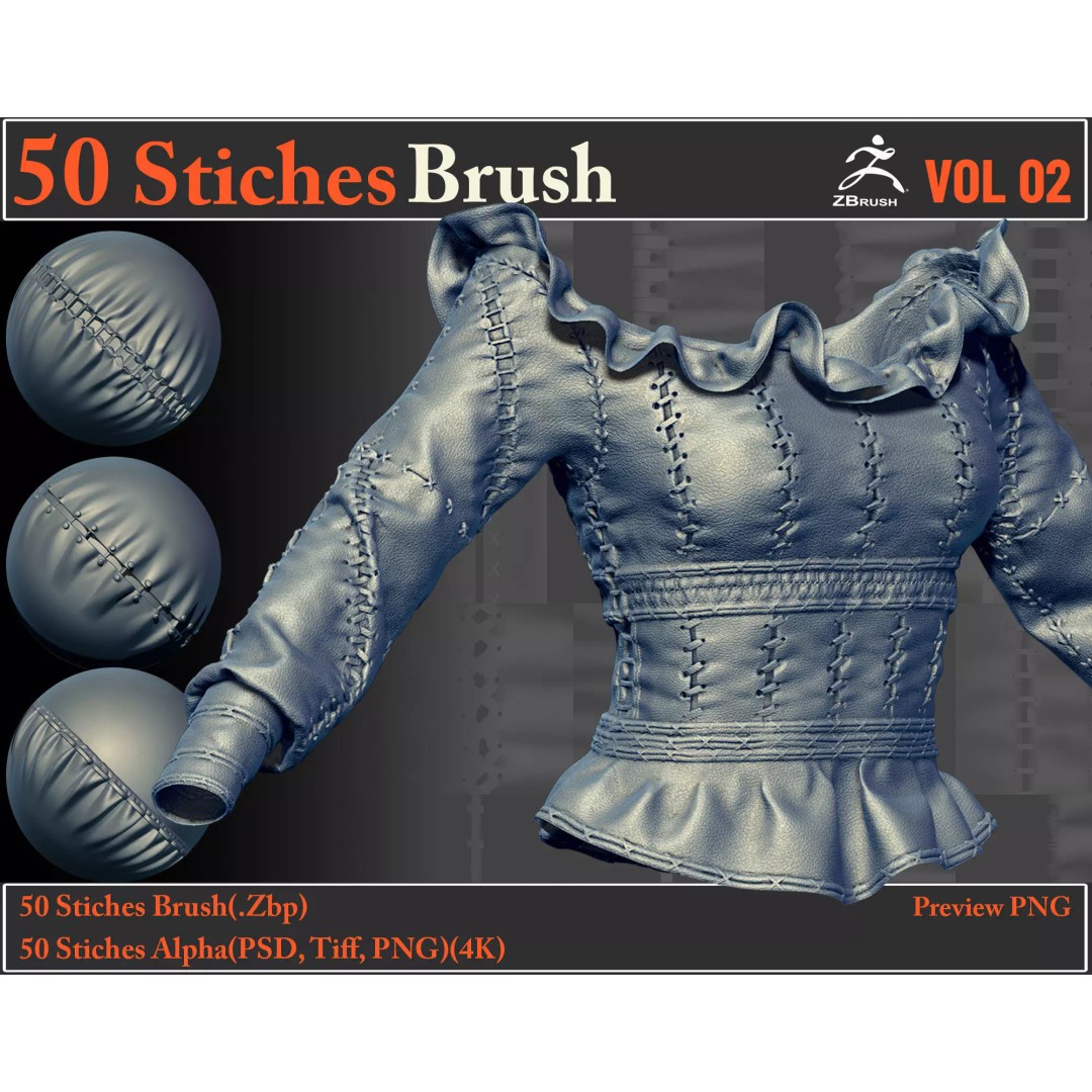 50 Stitches Brush-Alpha VOL02 3D Model – Seamless Textures for ZBrush & More - View 2