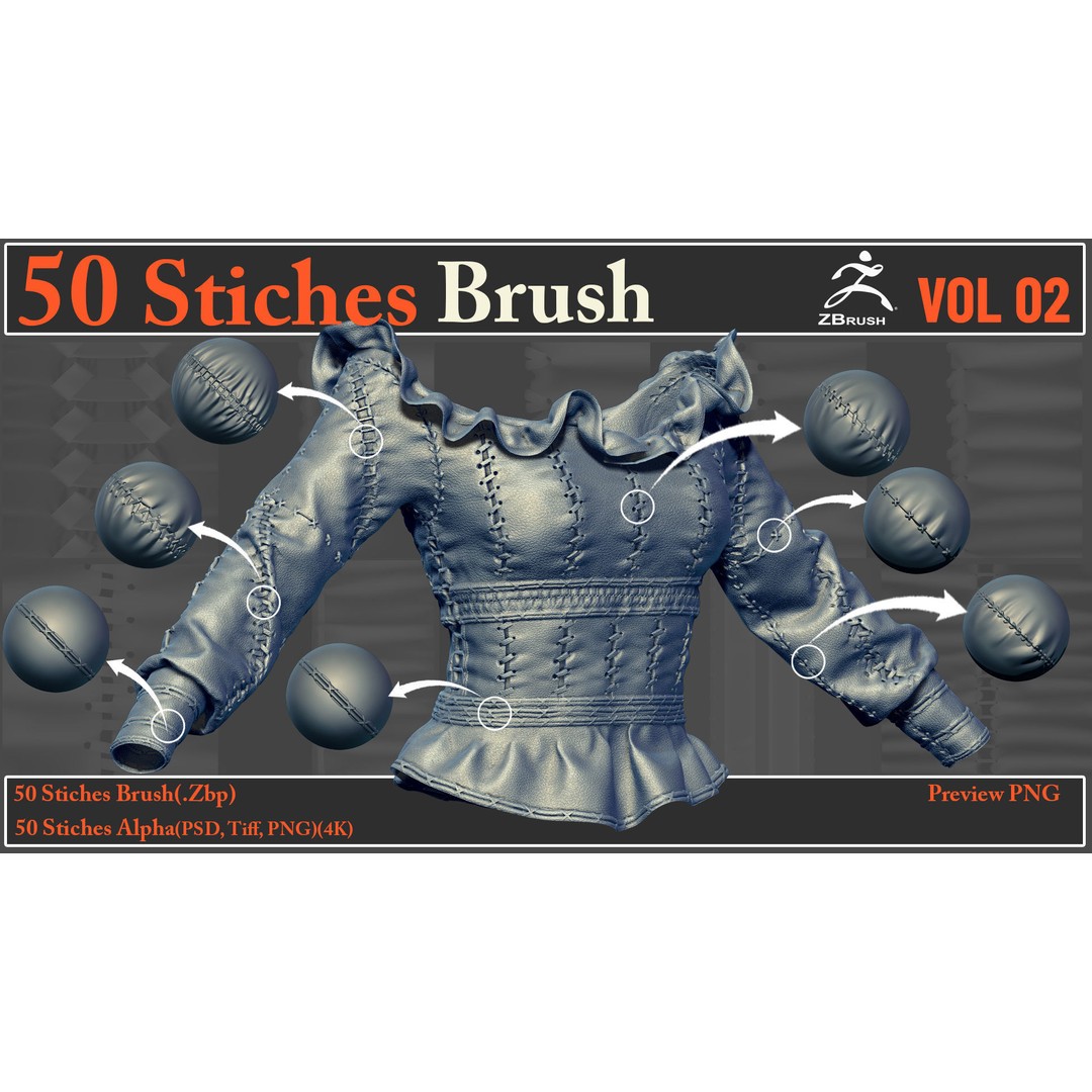 50 Stitches Brush-Alpha VOL02 3D Model – Seamless Textures for ZBrush & More - View 3