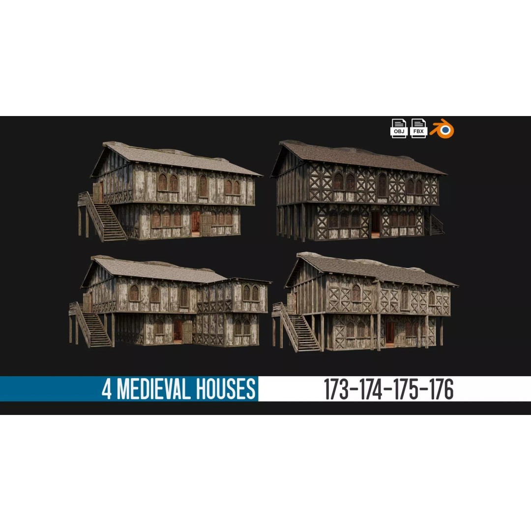 Old Medieval Houses 3D Model – Low Poly Game Ready with 4K Textures - View 2