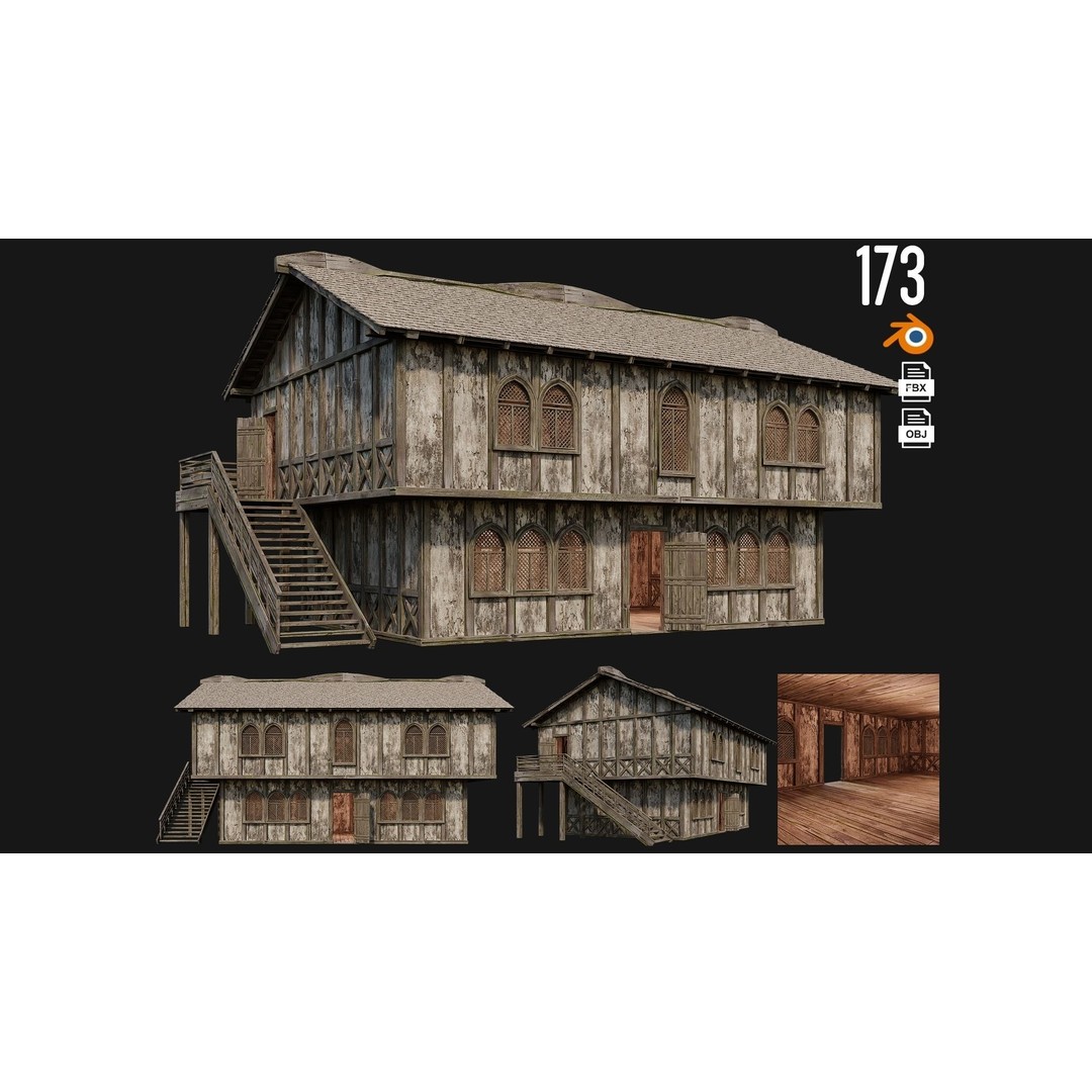 Old Medieval Houses 3D Model – Low Poly Game Ready with 4K Textures - View 3