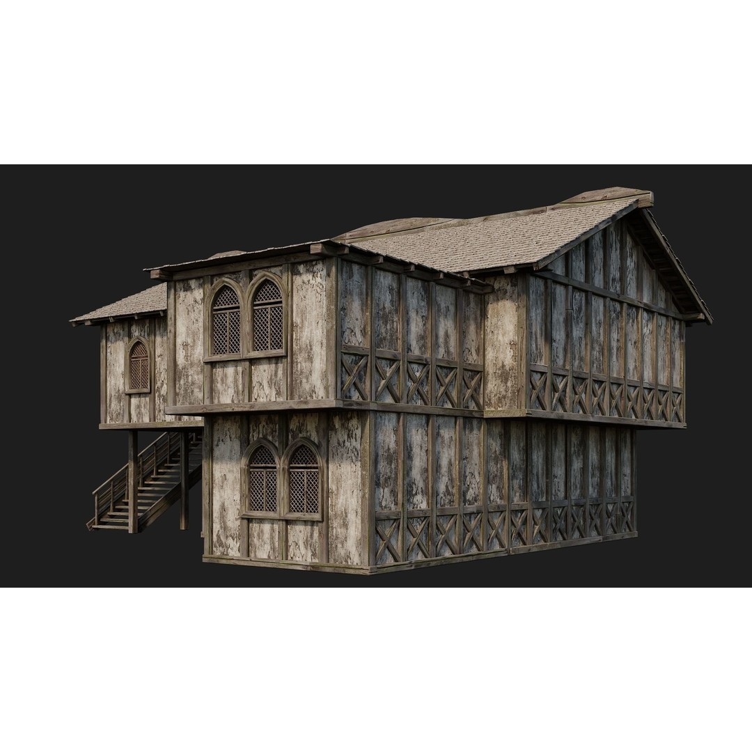 Old Medieval Houses 3D Model – Low Poly Game Ready with 4K Textures - View 36