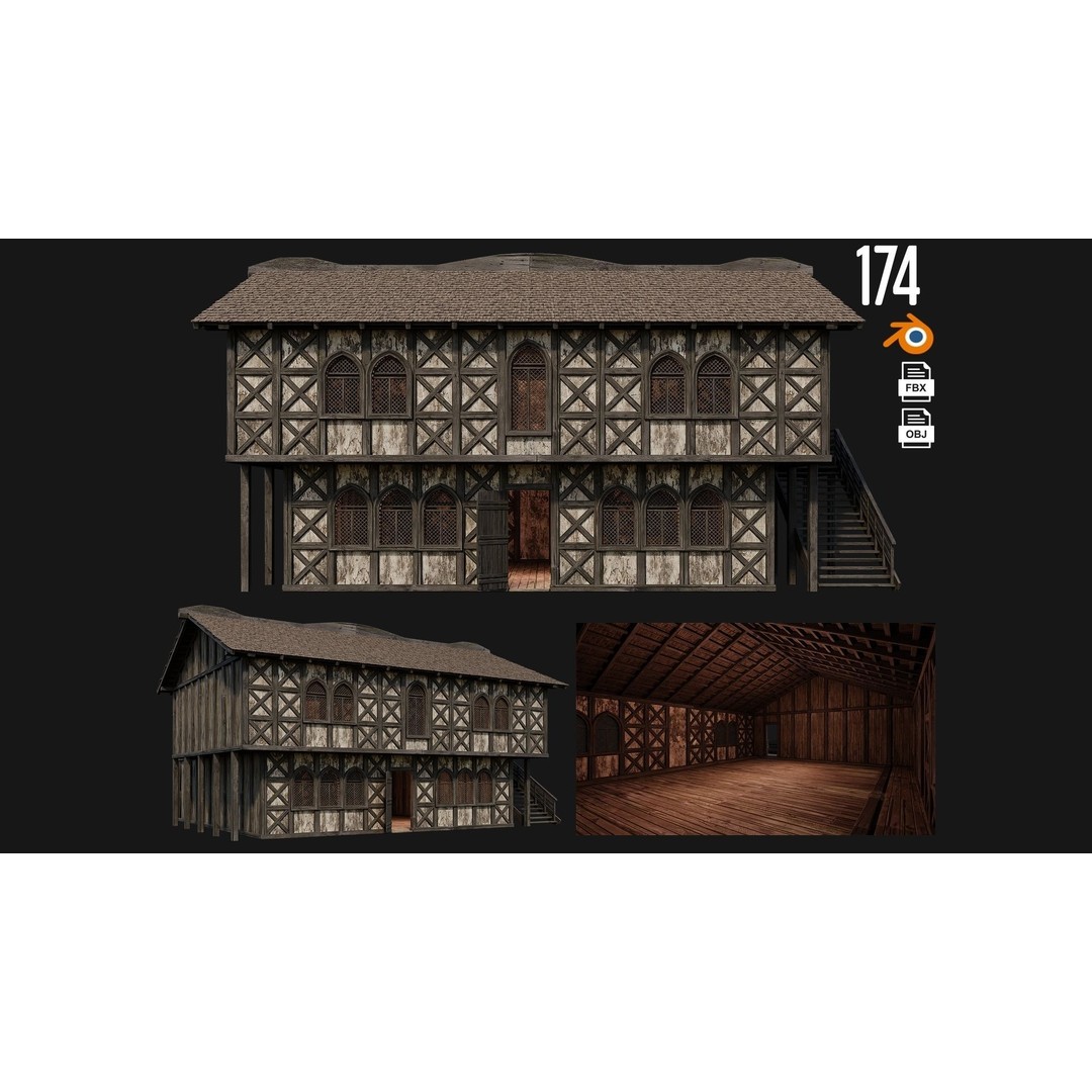 Old Medieval Houses 3D Model – Low Poly Game Ready with 4K Textures - View 4