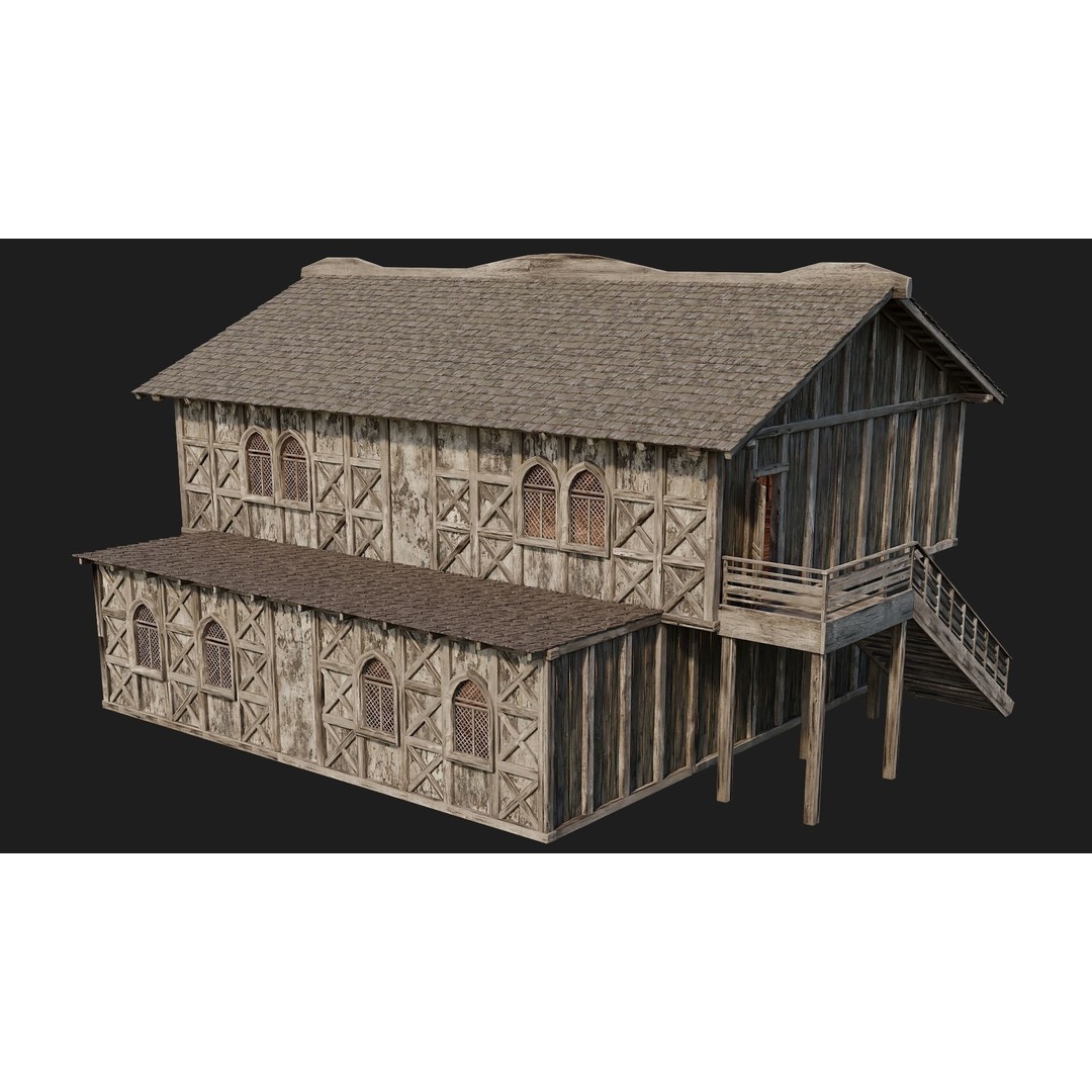 Old Medieval Houses 3D Model – Low Poly Game Ready with 4K Textures - View 44