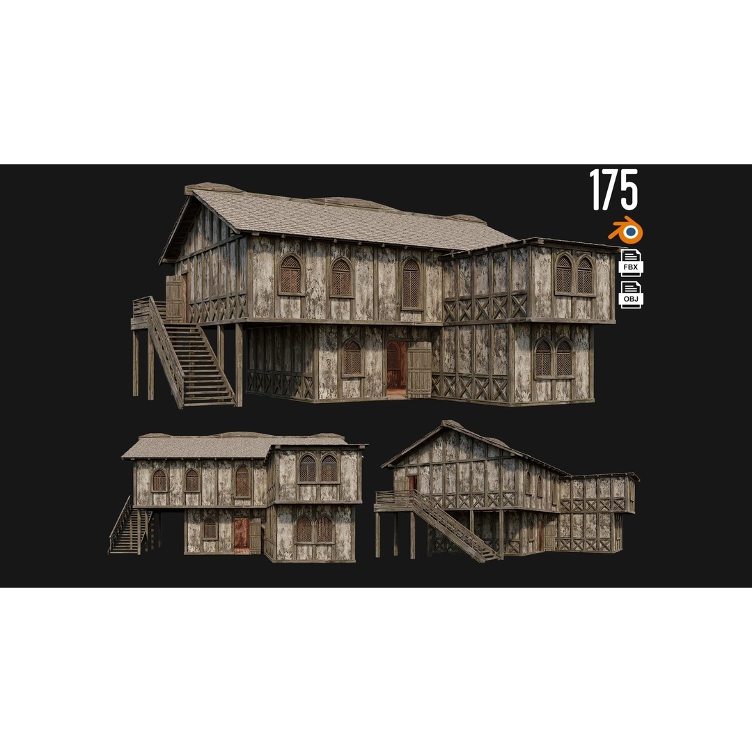 Old Medieval Houses 3D Model – Low Poly Game Ready with 4K Textures - View 5