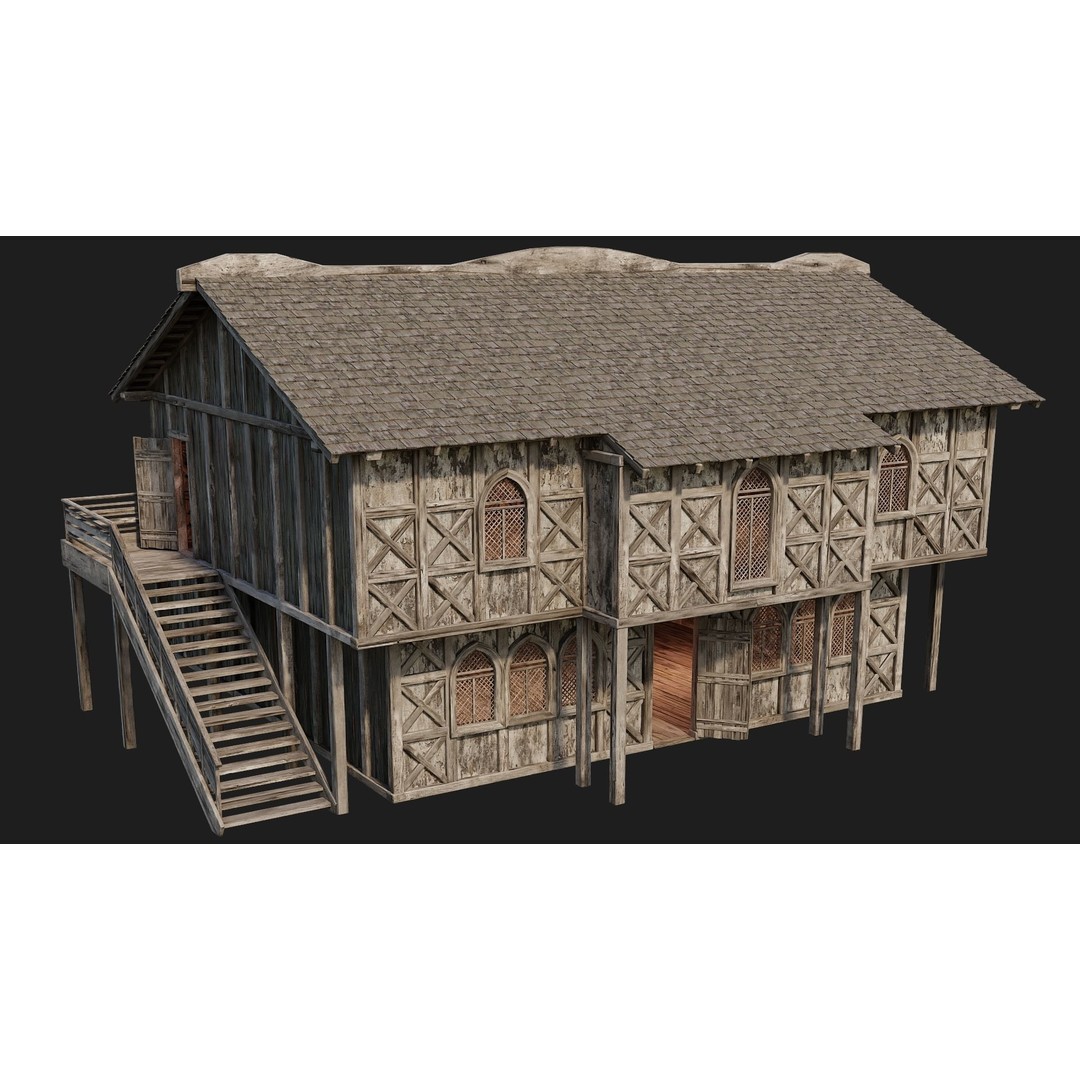 Old Medieval Houses 3D Model – Low Poly Game Ready with 4K Textures - View 52
