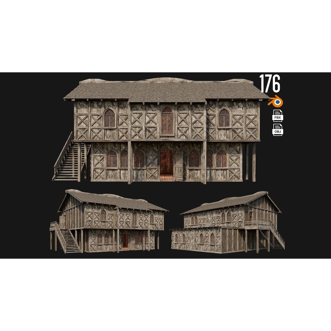Old Medieval Houses 3D Model – Low Poly Game Ready with 4K Textures - View 6