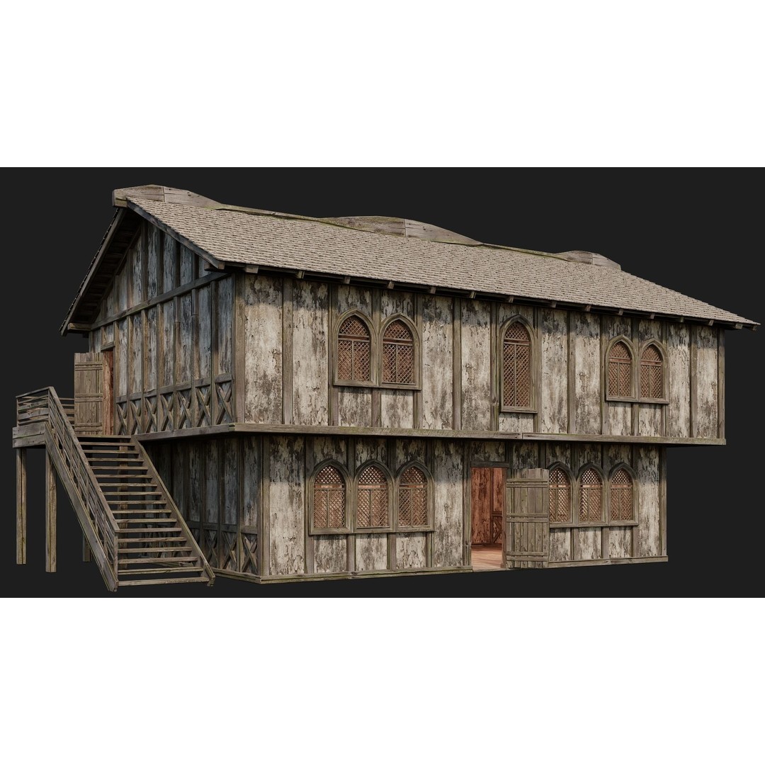 Old Medieval Houses 3D Model – Low Poly Game Ready with 4K Textures - View 7