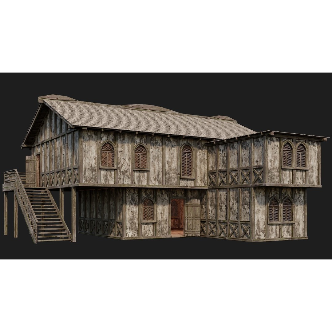 Old Medieval Houses 3D Model – Low Poly Game Ready with 4K Textures - View 9