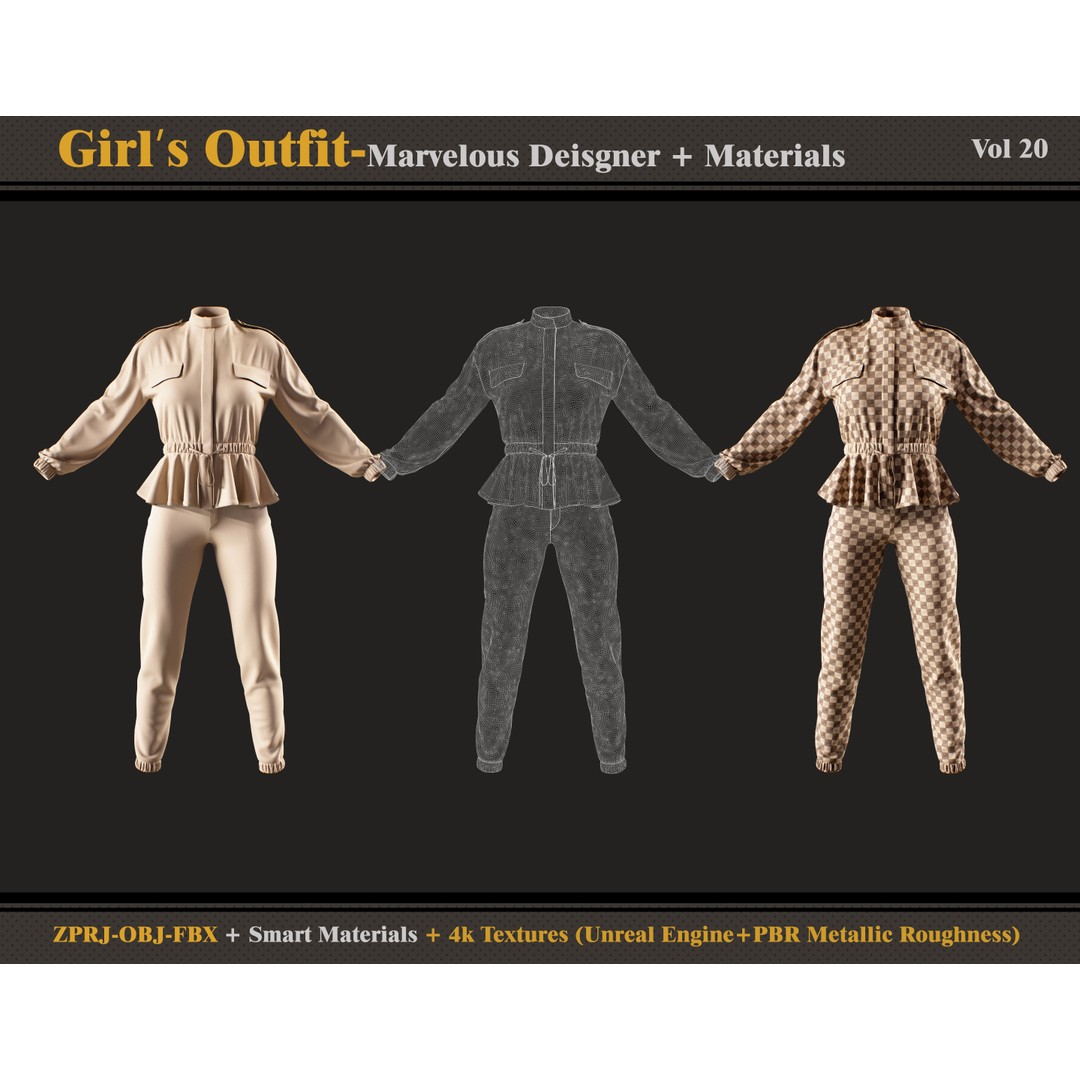 Girls Outfit 3D Model – Fashionable Dress & Denim Jacket, FBX, OBJ