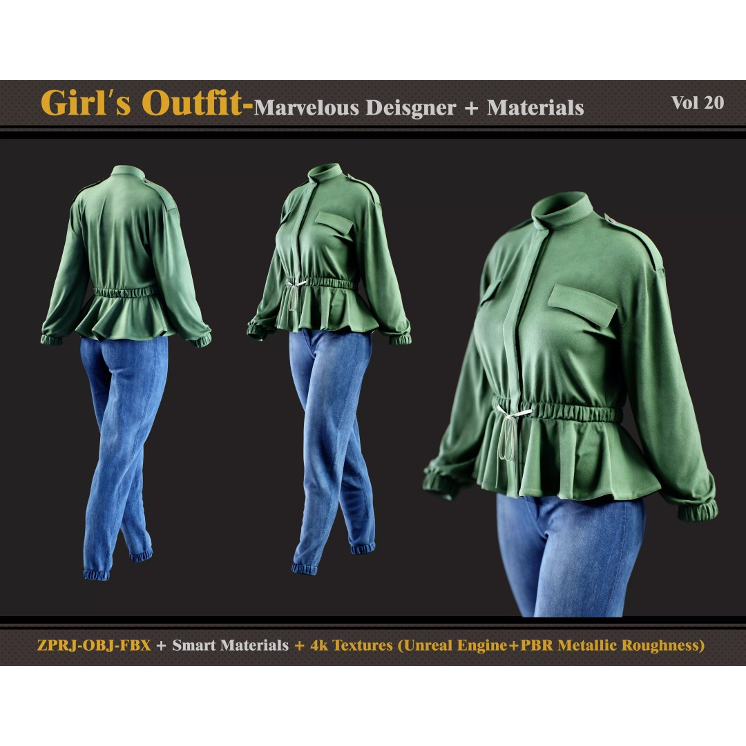 Girls Outfit 3D Model – Fashionable Dress & Denim Jacket, FBX, OBJ - View 2