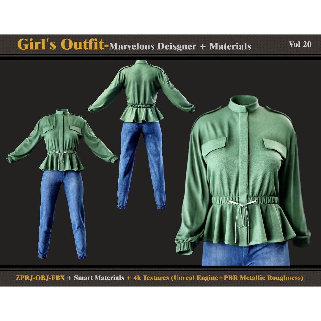 Girls Outfit 3D Model – Fashionable Dress & Denim Jacket, FBX, OBJ - View 3