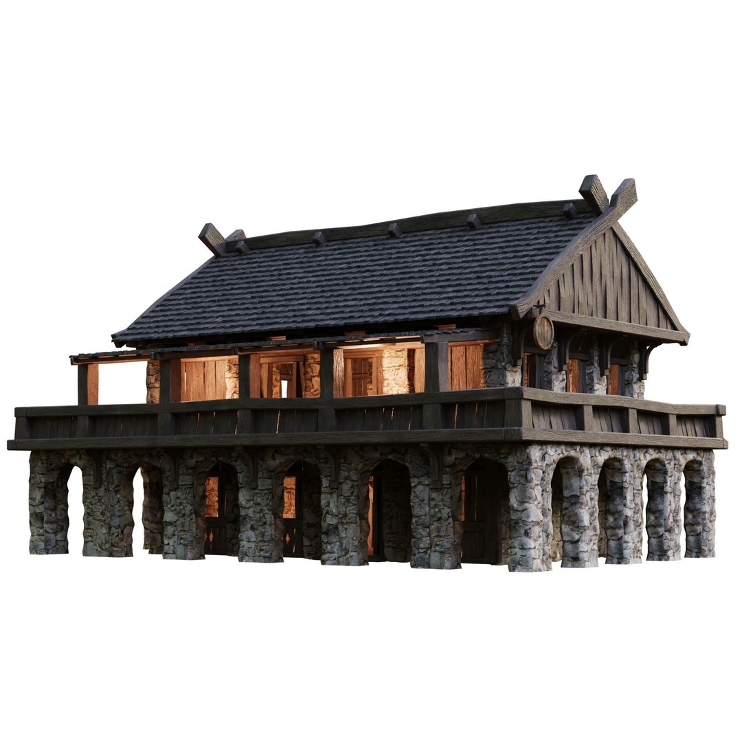 Old Medieval Building House 3D Model – Low Poly Game Ready, FBX, OBJ - View 10
