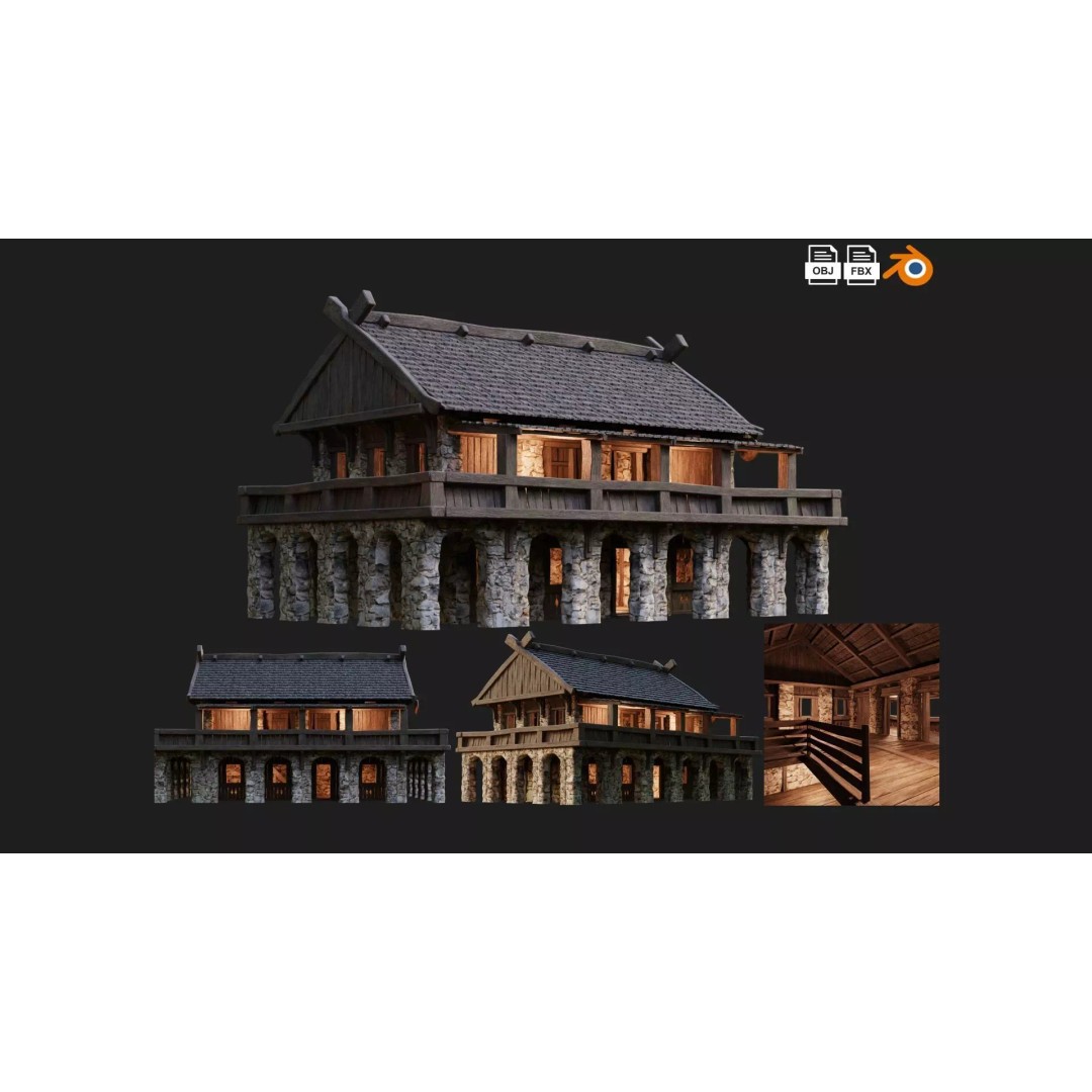 Old Medieval Building House 3D Model – Low Poly Game Ready, FBX, OBJ - View 2