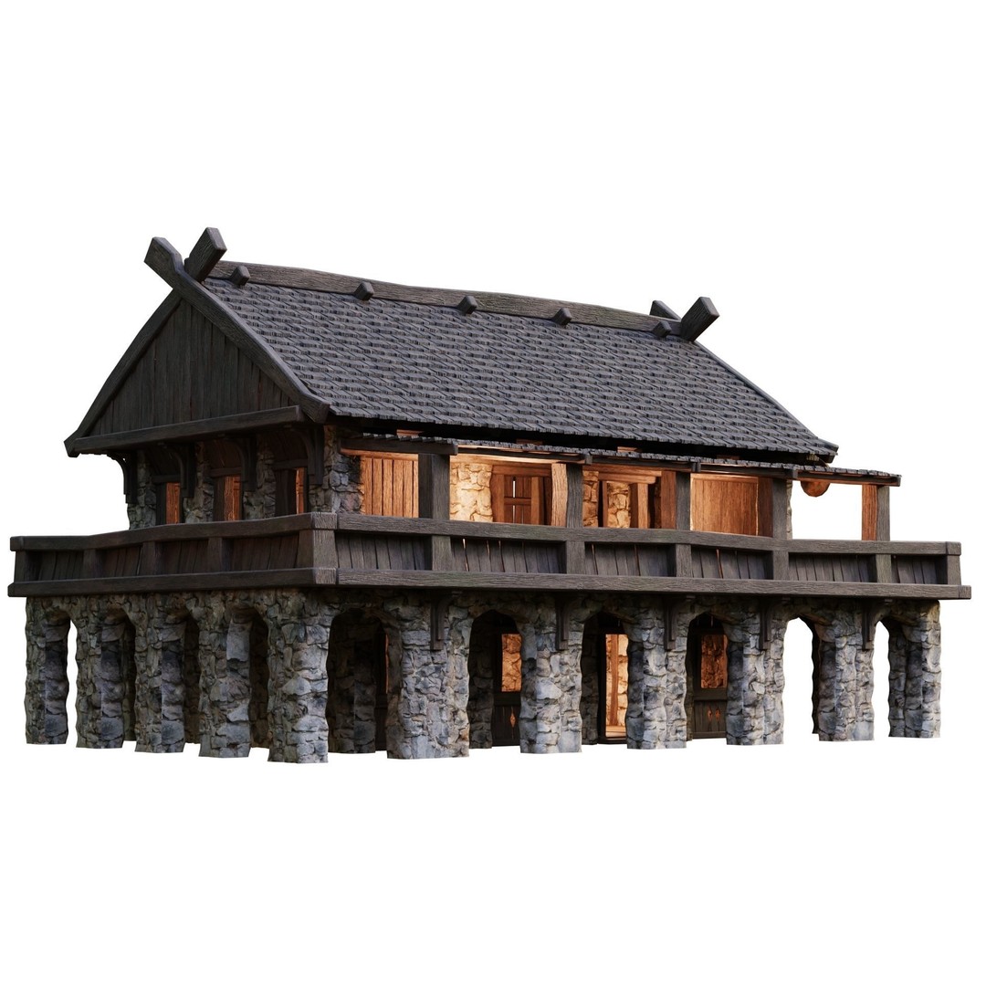 Old Medieval Building House 3D Model – Low Poly Game Ready, FBX, OBJ - View 3