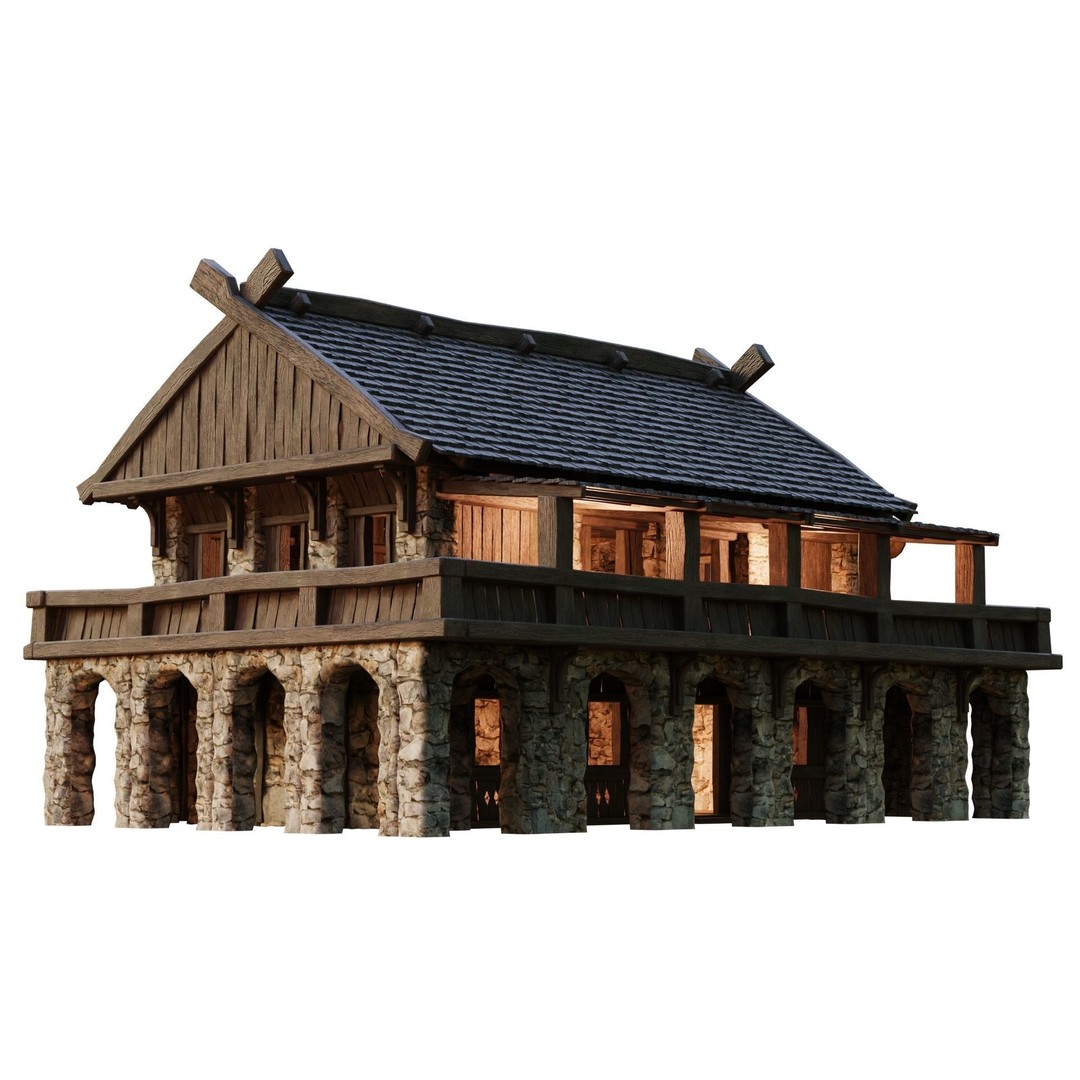 Old Medieval Building House 3D Model – Low Poly Game Ready, FBX, OBJ - View 4