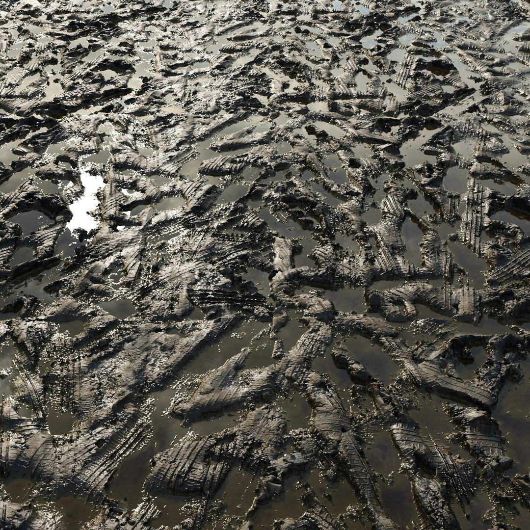 Wet Mud Puddle 3D Model – Seamless PBR Texture with Tire Tracks - View 11