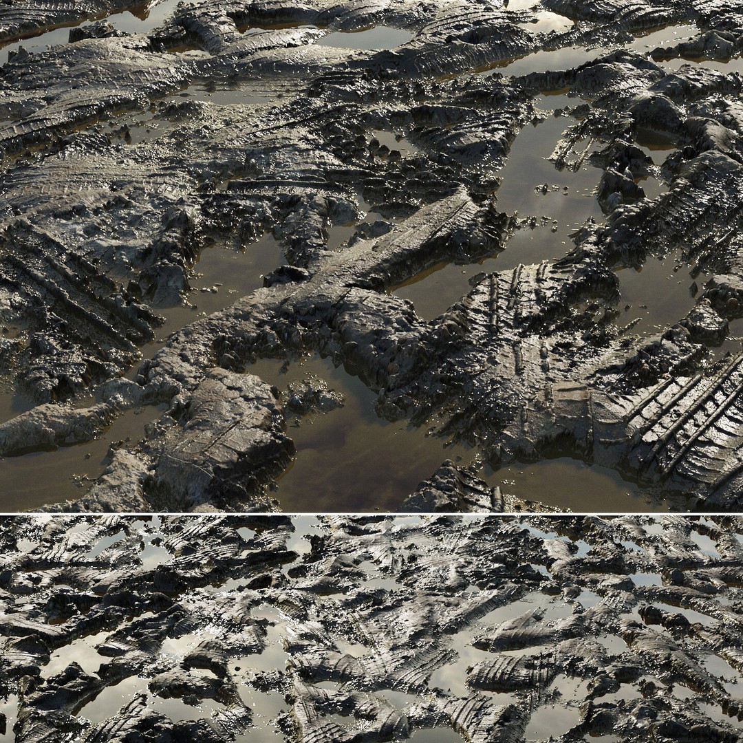 Wet Mud Puddle 3D Model – Seamless PBR Texture with Tire Tracks - View 14