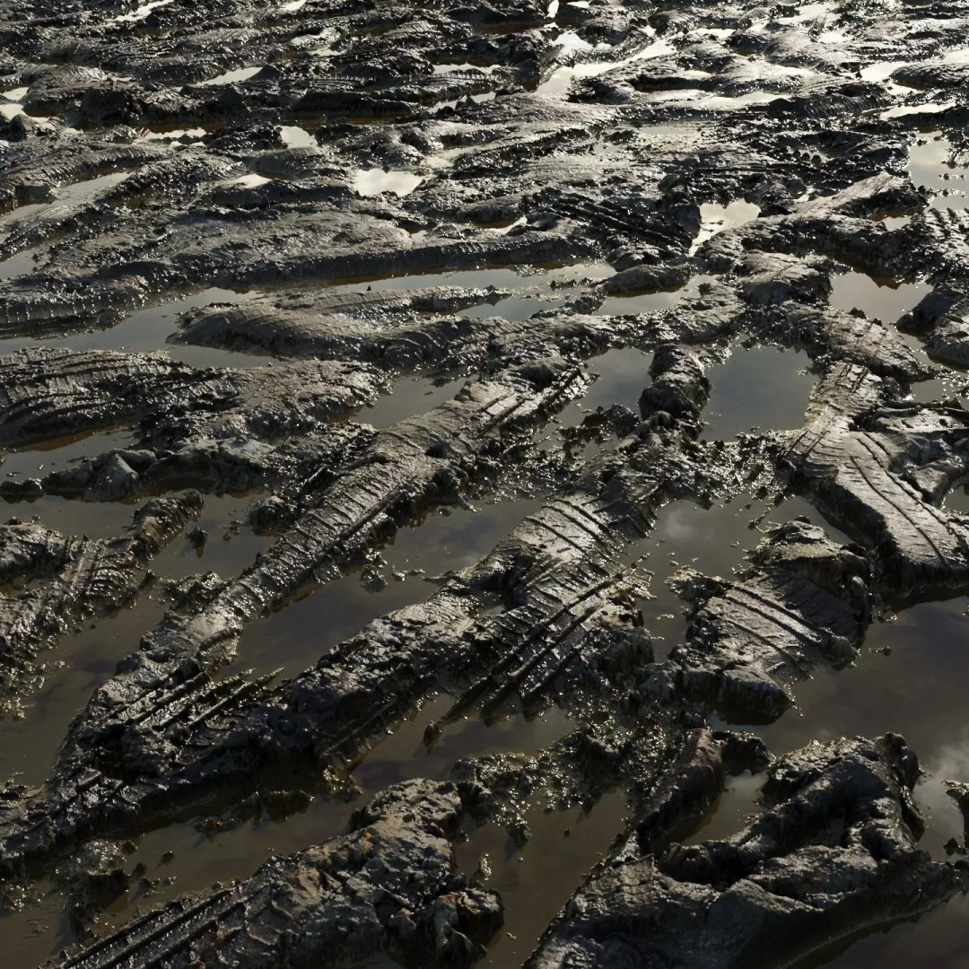 Wet Mud Puddle 3D Model – Seamless PBR Texture with Tire Tracks - View 2