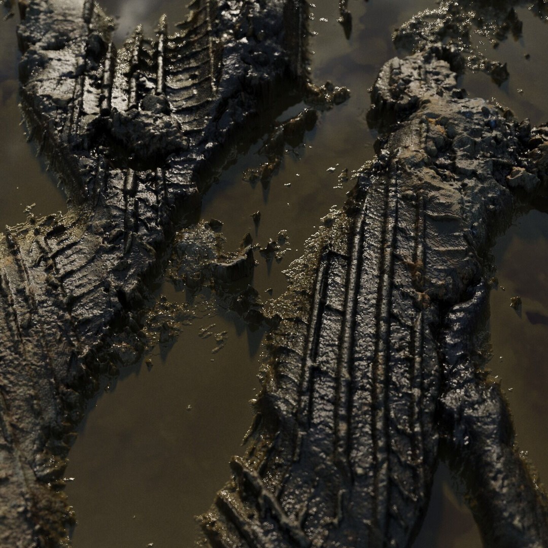 Wet Mud Puddle 3D Model – Seamless PBR Texture with Tire Tracks - View 3