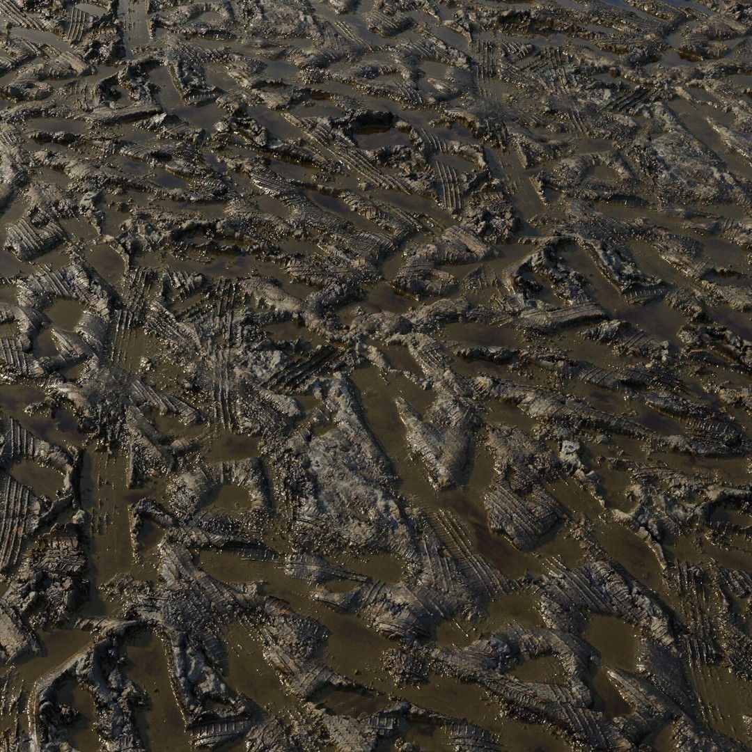 Wet Mud Puddle 3D Model – Seamless PBR Texture with Tire Tracks - View 4