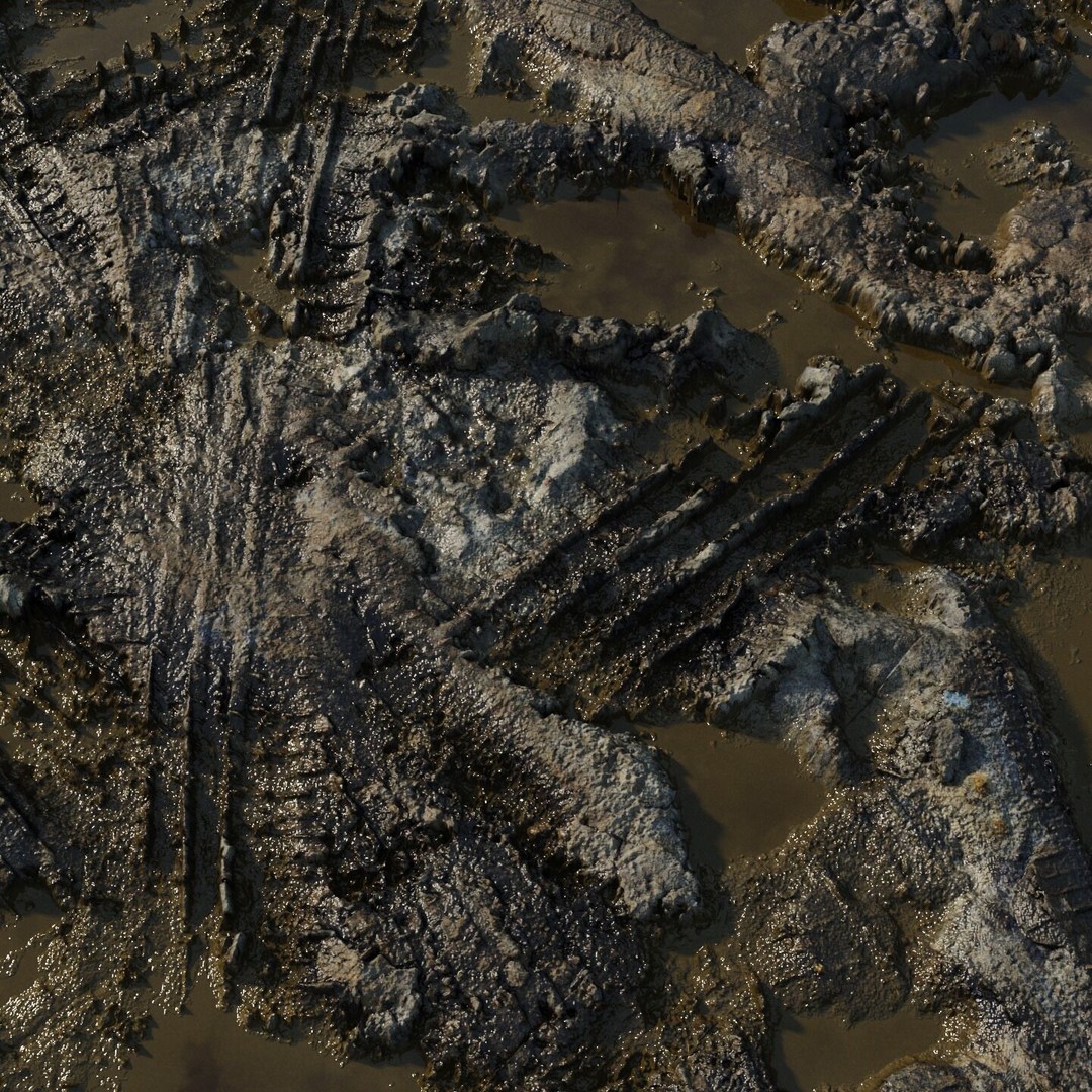 Wet Mud Puddle 3D Model – Seamless PBR Texture with Tire Tracks - View 6