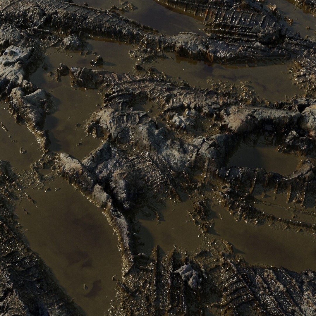 Wet Mud Puddle 3D Model – Seamless PBR Texture with Tire Tracks - View 7
