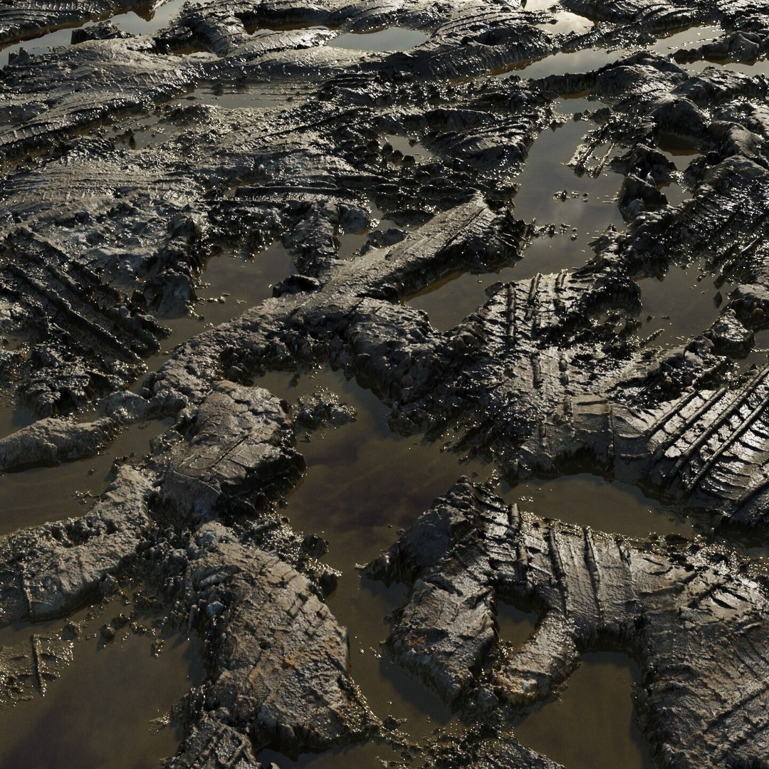 Wet Mud Puddle 3D Model – Seamless PBR Texture with Tire Tracks - View 9