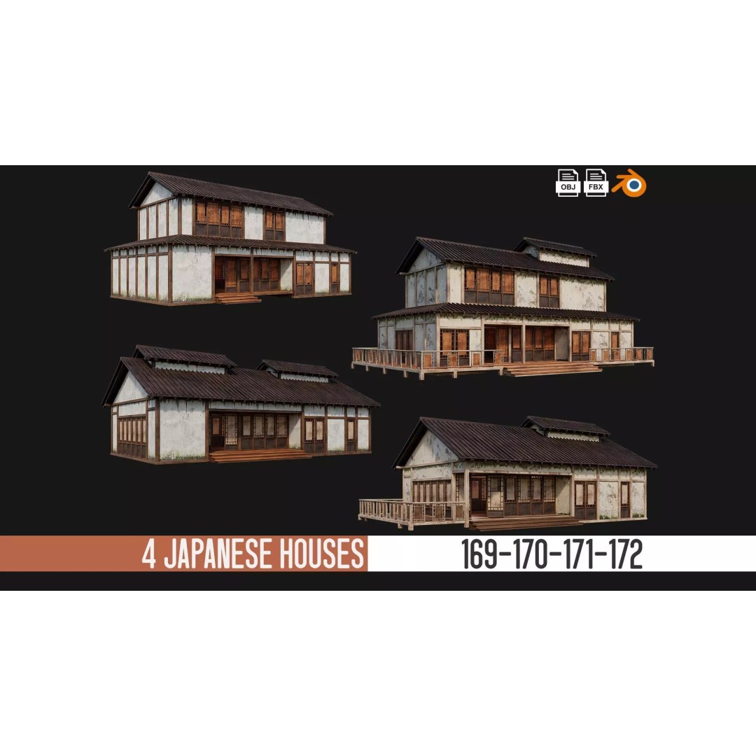 Old Japanese Buildings 3D Model – Low Poly Game Ready, FBX, OBJ - View 2