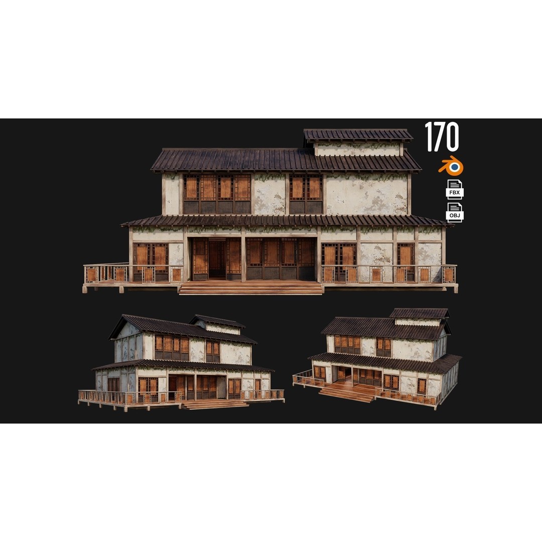 Old Japanese Buildings 3D Model – Low Poly Game Ready, FBX, OBJ - View 4